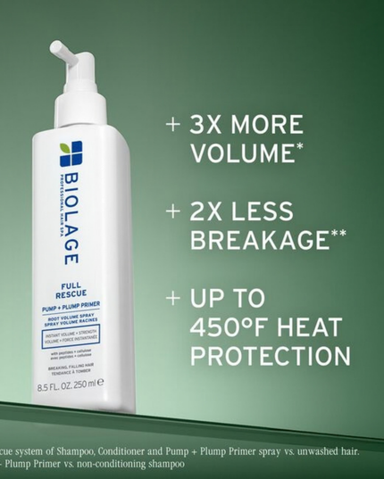 Achieve instant root lift and reinforced strength with the Full Rescue Pump + Plump Primer Root Volume Spray. This liquid-gel, mineral-based formula offers the perfect balance of styling and care, delivering immediate volume and touchable grip while making hair stronger. It's the ideal primer for creating fuller-looking styles on fine, thin, and breaking hair.