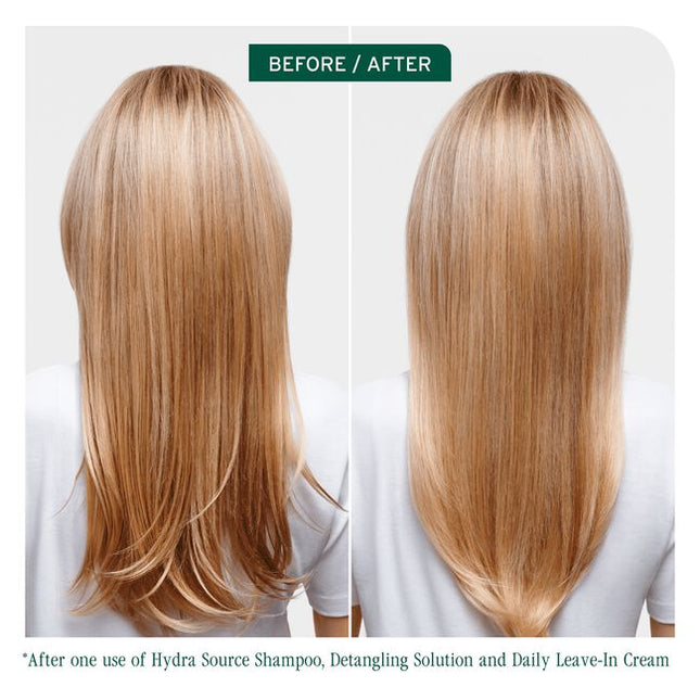 Dry, damaged hair can be prone to breakage and lacks manageability and shine. Inspired by the aloe plant that never seems to dry, Biolage HydraSource Detangling Solution for dry hair thoroughly conditions, helping optimize moisture balance for healthy looking hair. This anti-frizz treatment strengthens hair against future damage.
