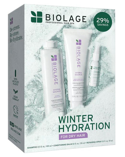 HydraSource Holiday Kit Includes:

(1) - HydraSource Shampoo, 13.5 fl. oz.
(1) - HydraSource Conditioning Balm, 8 fl. oz.
(1) - Strength Recovery Repairing Spray, 1 fl. oz.