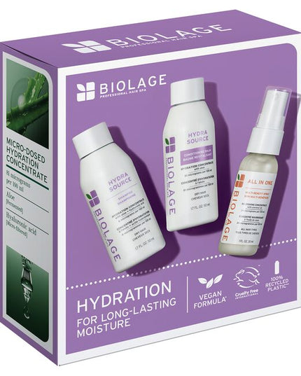 Quench thirsty, dry hair with the Biolage Hydra Source Travel Size Trio Kit. Inspired by the aloe plant that never seems to dry, this professional-quality 3-step system provides intense hydration to leave hair soft, shiny, and manageable, even when you're away from home.