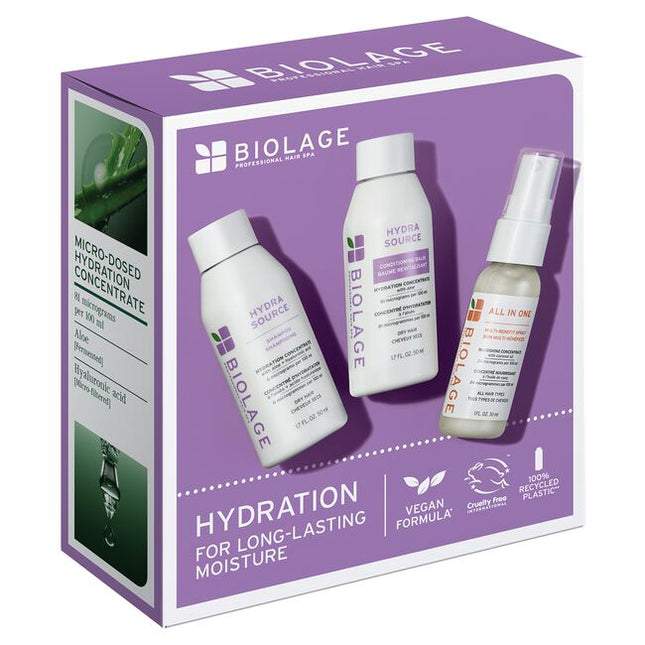 Quench thirsty, dry hair with the Biolage Hydra Source Travel Size Trio Kit. Inspired by the aloe plant that never seems to dry, this professional-quality 3-step system provides intense hydration to leave hair soft, shiny, and manageable, even when you're away from home.