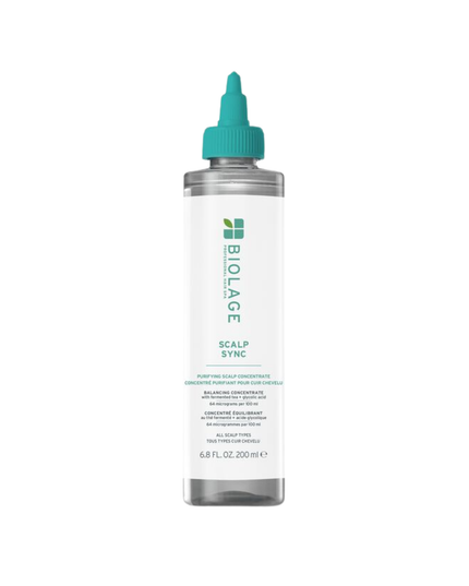 Biolage Scalp Sync Purifying Concentrate for All Scalp Types is a pre-shampoo, rinse-off treatment designed to exfoliate and clarify the scalp. Formulated with a concentrate of a fermented tea blend and filtered glycolic acid, this gentle yet effective treatment removes buildup, excess oil, impurities, and dead skin after just one use.