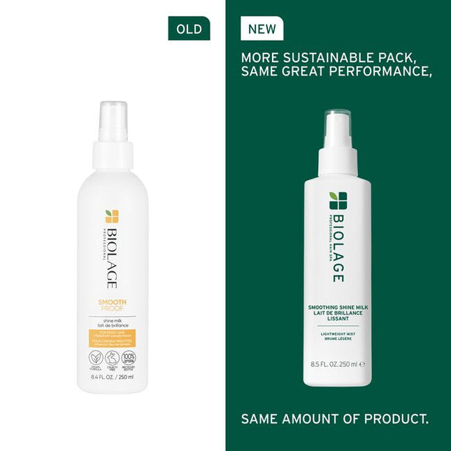 Smooth Shine Milk for Smooth Hair is a lightweight styling mist designed to provide a flexible hold while smoothing and enhancing the hair's natural shine. Formulated to combat frizz and flyaways, this vegan and cruelty-free product offers a glossy finish without leaving a heavy product feel.