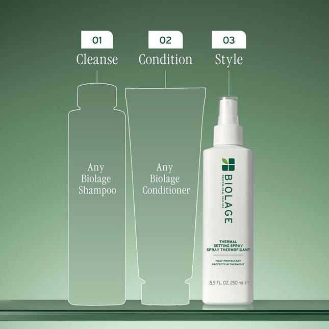 Thermal Setting Hair Spray is a protective, medium-hold styling solution designed to shield hair from the stress of heat styling. This innovative spray sets the hair into a smooth and sleek finish without sticking to hot tools, providing heat protection of up to 450°F. Its vegan formula, free from parabens, mineral oils, and colorants, ensures that hair remains strong and conditioned while retaining moisture and nourishment.