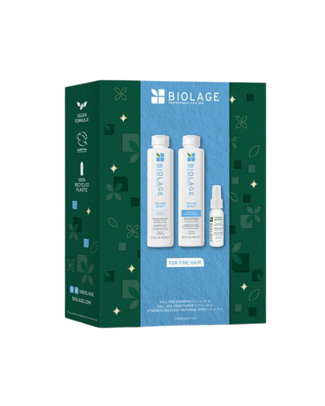 VolumeBoost Kit Includes:

(1) - VolumeBoost Shampoo, 13.5 fl. oz.
(1) - VolumeBoost Conditioner, 13.5 fl. oz.
(1) - Strength Recovery Repairing Spray, 1 fl. oz.