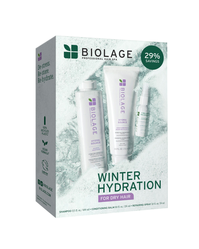Hydrate dry hair with Biolage Hydra Source Holiday Kit. This limited-edition kit cleanses and restores moisture. Complete with the Strength Repairing Spray to protect hair from heat and mechanical damage, leaving dry hair stronger, smoother and softer.