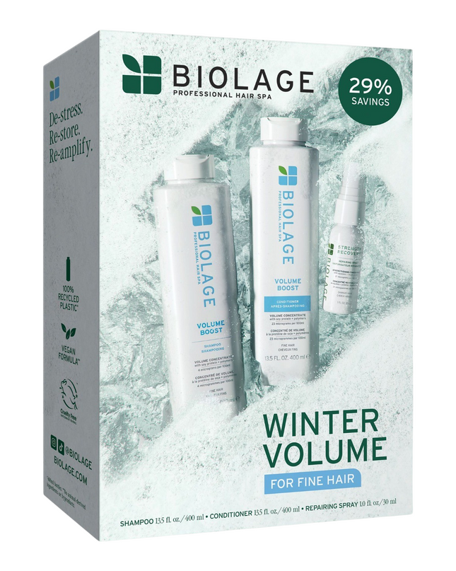 Instantly lift fine hair with Biolage Volume Boost Holiday Kit. This limited-edition kit cleanses, adds lightweight shine and provides root lift without sacrificing moisture or softness. Complete with the Strength Repairing Spray to protect hair from heat and mechanical damage.