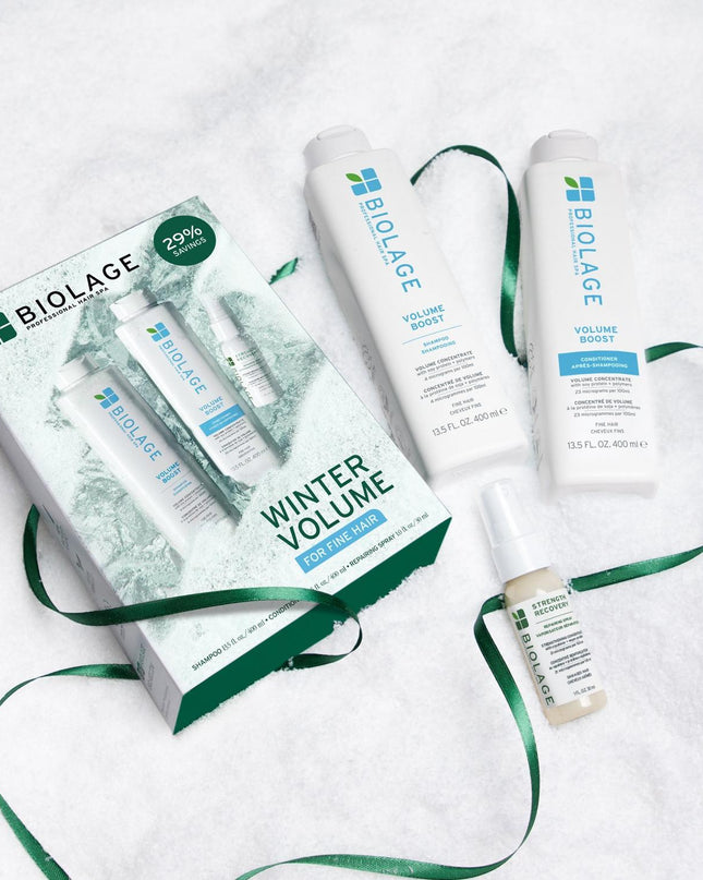 Instantly lift fine hair with Biolage Volume Boost Holiday Kit. This limited-edition kit cleanses, adds lightweight shine and provides root lift without sacrificing moisture or softness. Complete with the Strength Repairing Spray to protect hair from heat and mechanical damage.