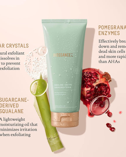 Shower yourself in double-exfoliation with our incredibly effective sugar body scrub with clinically proven, visible results for all skin types. Supercharged with both enzymatic and physical exfoliators, this gentle and potent formula delicately dissolves rough, dull skin without disrupting the ever-important moisture barrier.