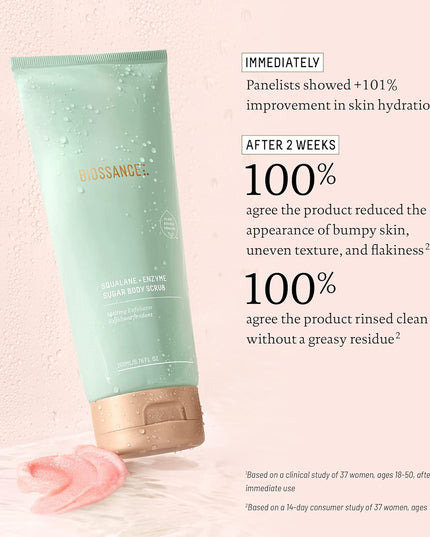Shower yourself in double-exfoliation with our incredibly effective sugar body scrub with clinically proven, visible results for all skin types. Supercharged with both enzymatic and physical exfoliators, this gentle and potent formula delicately dissolves rough, dull skin without disrupting the ever-important moisture barrier.