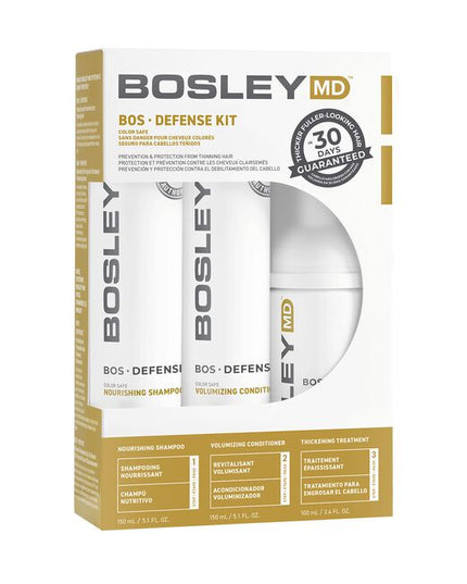 Protect against thinning hair with BosDefense 30-Day Kit featuring a simple, 3-step system including a Nourishing Shampoo, Volumizing Conditioner and Leave-In Thickening Treatment Includes:
