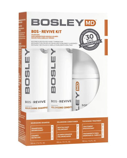 Help restore visibly thinning hair with BosRevive 30-Day Kit designed for Color Treated Hair featuring a simple, 3-step system including a Nourishing Shampoo, Volumizing Conditioner and Leave-In Thickening Treatment.