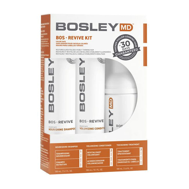 Help restore visibly thinning hair with BosRevive 30-Day Kit designed for Color Treated Hair featuring a simple, 3-step system including a Nourishing Shampoo, Volumizing Conditioner and Leave-In Thickening Treatment.