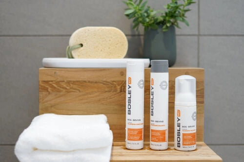 Help restore visibly thinning hair with BosRevive 30-Day Kit designed for Color Treated Hair featuring a simple, 3-step system including a Nourishing Shampoo, Volumizing Conditioner and Leave-In Thickening Treatment.