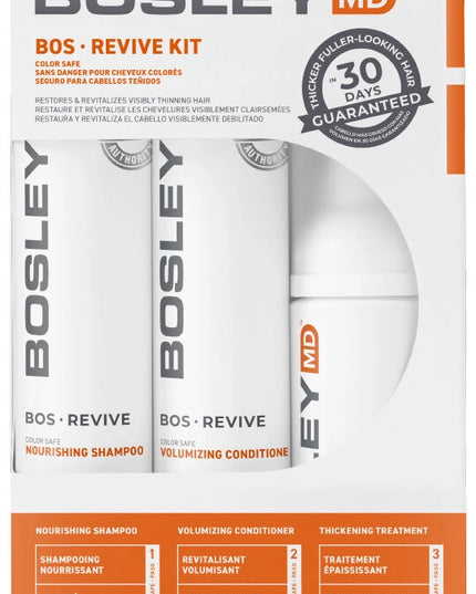 Help restore visibly thinning hair with BosRevive 30-Day Kit designed for Color Treated Hair featuring a simple, 3-step system including a Nourishing Shampoo, Volumizing Conditioner and Leave-In Thickening Treatment.