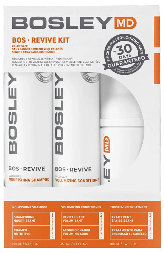 Help restore visibly thinning hair with BosRevive 30-Day Kit designed for Color Treated Hair featuring a simple, 3-step system including a Nourishing Shampoo, Volumizing Conditioner and Leave-In Thickening Treatment.