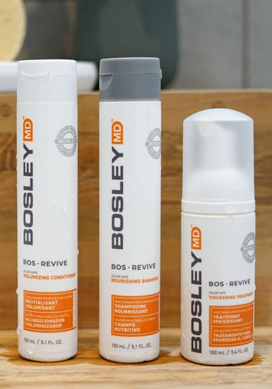 Help restore visibly thinning hair with BosRevive 30-Day Kit designed for Color Treated Hair featuring a simple, 3-step system including a Nourishing Shampoo, Volumizing Conditioner and Leave-In Thickening Treatment.