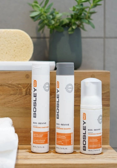 Help restore visibly thinning hair with BosRevive 30-Day Kit designed for Color Treated Hair featuring a simple, 3-step system including a Nourishing Shampoo, Volumizing Conditioner and Leave-In Thickening Treatment.