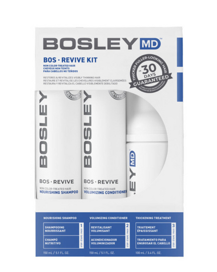 Help restore visibly thinning hair with BosRevive 30-Day Kit designed for Non Color Treated Hair featuring a simple, 3-step system including a Nourishing Shampoo, Volumizing Conditioner and Leave-In Thickening Treatment.