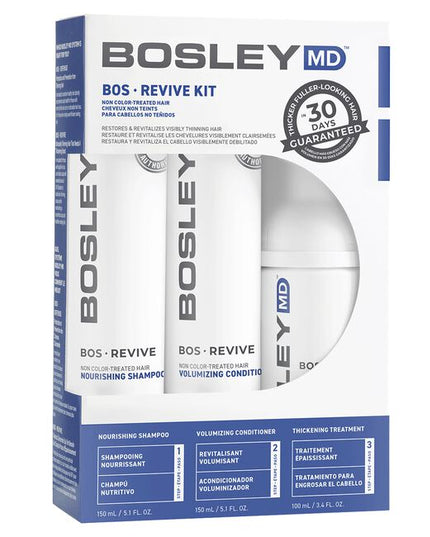 Help restore visibly thinning hair with BosRevive 30-Day Kit designed for Non Color Treated Hair featuring a simple, 3-step system including a Nourishing Shampoo, Volumizing Conditioner and Leave-In Thickening Treatment.