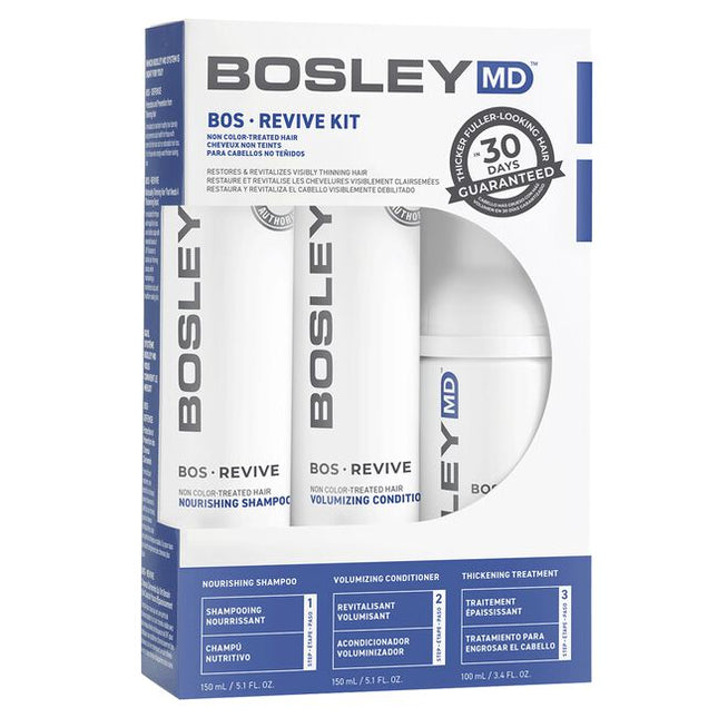 Help restore visibly thinning hair with BosRevive 30-Day Kit designed for Non Color Treated Hair featuring a simple, 3-step system including a Nourishing Shampoo, Volumizing Conditioner and Leave-In Thickening Treatment.