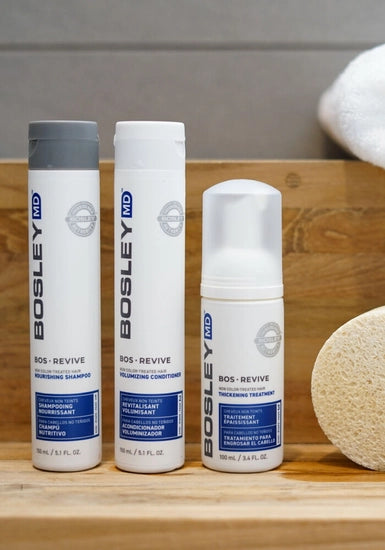 Help restore visibly thinning hair with BosRevive 30-Day Kit designed for Non Color Treated Hair featuring a simple, 3-step system including a Nourishing Shampoo, Volumizing Conditioner and Leave-In Thickening Treatment.