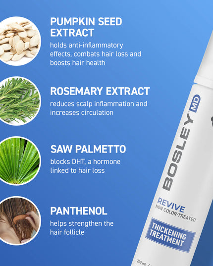 BosRevive Leave-In Thickening Treatment is uniquely formulated for those who want to help restore visibly thinning hair. Designed to help inhibit DHT, this lightweight, foaming, alcohol-free intensive treatment may aid in rejuvenating the scalp and help support the growth of stronger, healthier hair.