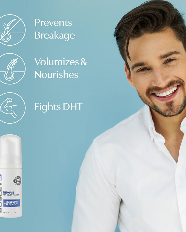 BosRevive Leave-In Thickening Treatment is uniquely formulated for those who want to help restore visibly thinning hair. Designed to help inhibit DHT, this lightweight, foaming, alcohol-free intensive treatment may aid in rejuvenating the scalp and help support the growth of stronger, healthier hair.