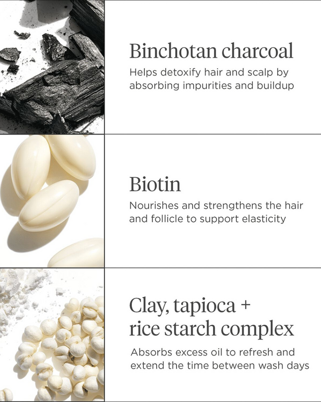A charcoal-infused aerosol-free dry shampoo that refreshes hair and supports a healthy scalp. Detoxifies, refreshes, and balances the scalp + hair to extend the time between washes.