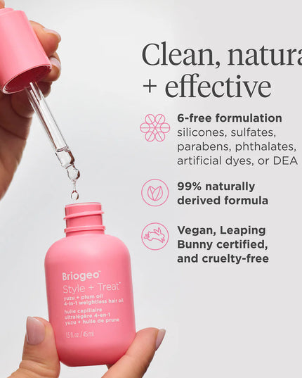 A silicone-free multitasking hair oil that protects, smooths, moisturizes and adds subtle shine to fine hair without weighing it down. Using 99% naturally derived ingredients, this versatile oil enhances fine to medium hair with weightless moisture, a soft, subtle glow, and a frizz-free finish. Heat + humidity protection combine with a featherweight texture to allow for wet or dry styling without damage to delicate strands.