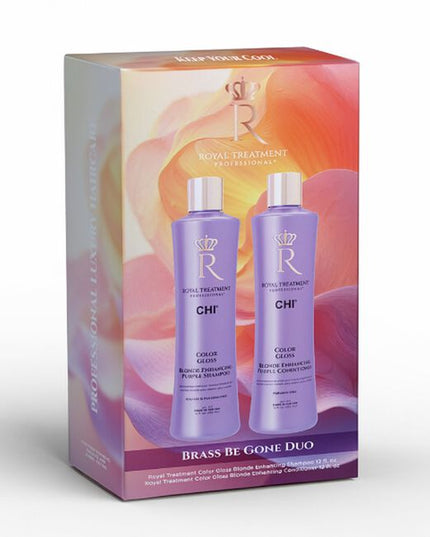 Royal Treatment Brass Be Gone Duo - Deposits violet pigments, neutralize &amp; eliminate unwanted brassy or yellow tones in blonde and grey hair. Hydrate, strengthen &amp; protects hair against damage. Paraben Free, Gluten Free, Sulfate Free, Silicone Free.