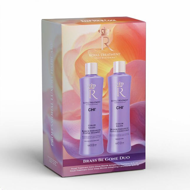 Royal Treatment Brass Be Gone Duo - Deposits violet pigments, neutralize &amp; eliminate unwanted brassy or yellow tones in blonde and grey hair. Hydrate, strengthen &amp; protects hair against damage. Paraben Free, Gluten Free, Sulfate Free, Silicone Free.