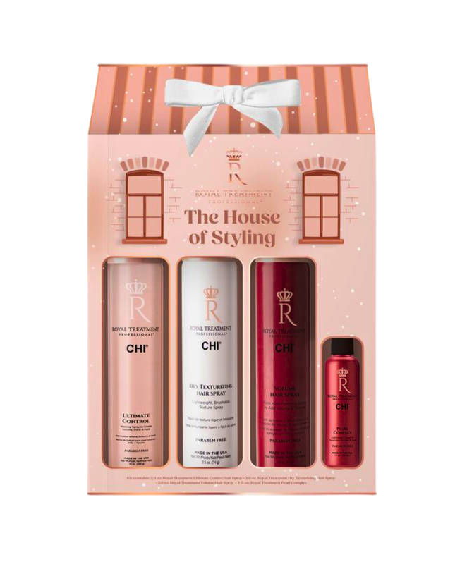 Royal Treatment Styling Kit Includes:

(1) - Royal Treatment Ultimate Control Hairspray, 2.6 oz.
(1) - Royal Treatment Dry Texturizing Hair Spray, 2.6 oz.
(1) - Royal Treatment Volume Hair Spray, 2.6 oz.
(1) - Royal Treatment Pearl Complex, 1 oz.