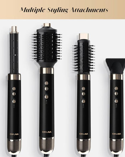 Achieve multiple styles effortlessly with just one tool. Effortlessly switch between the 5 versatile attachments to volumize, curl or dry hair with less heat. Discover the transformative power of CHI LAVA Technology, delivering impressive shine, frizz-free hair, and long-lasting results.