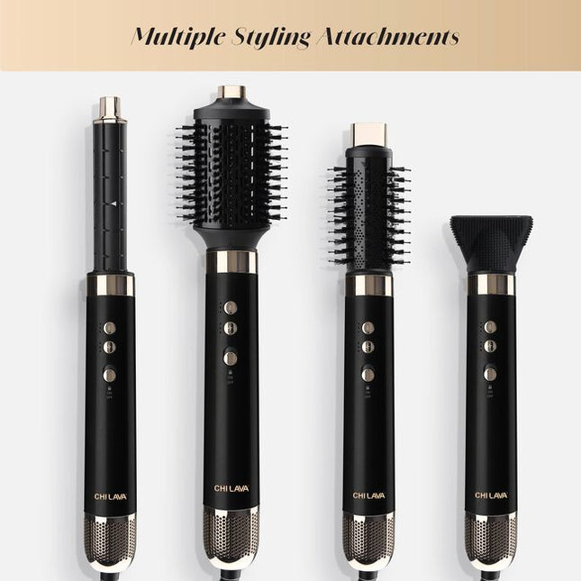 Achieve multiple styles effortlessly with just one tool. Effortlessly switch between the 5 versatile attachments to volumize, curl or dry hair with less heat. Discover the transformative power of CHI LAVA Technology, delivering impressive shine, frizz-free hair, and long-lasting results.
