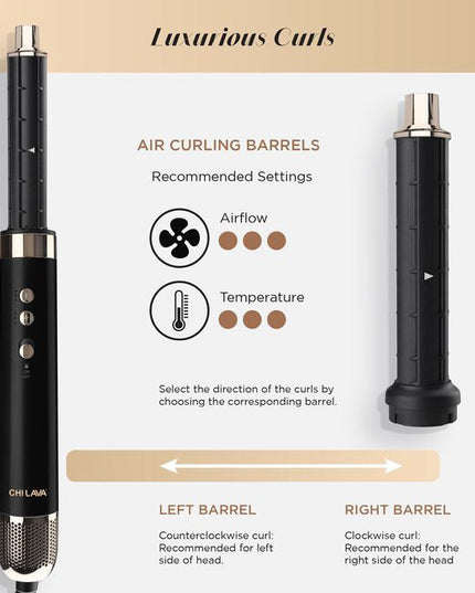 Achieve multiple styles effortlessly with just one tool. Effortlessly switch between the 5 versatile attachments to volumize, curl or dry hair with less heat. Discover the transformative power of CHI LAVA Technology, delivering impressive shine, frizz-free hair, and long-lasting results.