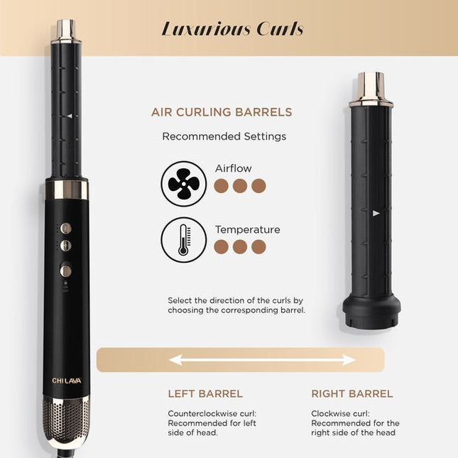 Achieve multiple styles effortlessly with just one tool. Effortlessly switch between the 5 versatile attachments to volumize, curl or dry hair with less heat. Discover the transformative power of CHI LAVA Technology, delivering impressive shine, frizz-free hair, and long-lasting results.