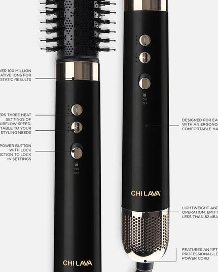 Achieve multiple styles effortlessly with just one tool. Effortlessly switch between the 5 versatile attachments to volumize, curl or dry hair with less heat. Discover the transformative power of CHI LAVA Technology, delivering impressive shine, frizz-free hair, and long-lasting results.