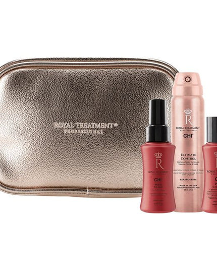Introducing the Royal Treatment Styling Intro Bag—your all-in-one solution for flawless hair. This bag kit includes sprays for volume, texture, frizz control, shine, and heat protection, plus a dry shampoo for quick refreshes. Perfect for creating flawless, long-lasting styles with ease and confidence!