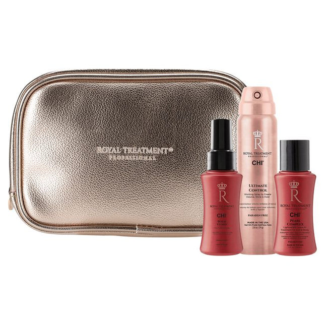 Introducing the Royal Treatment Styling Intro Bag—your all-in-one solution for flawless hair. This bag kit includes sprays for volume, texture, frizz control, shine, and heat protection, plus a dry shampoo for quick refreshes. Perfect for creating flawless, long-lasting styles with ease and confidence!