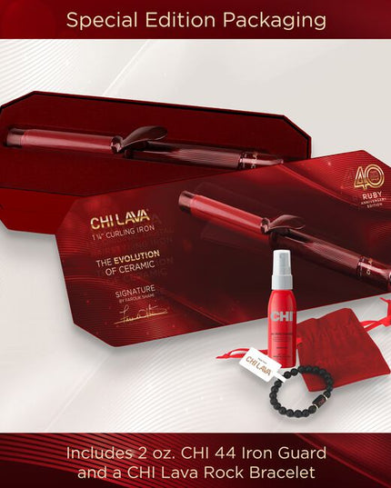 Celebrating 40 years of CHI innovation, this 1.25” Curling Iron is a tribute to CHI's Ruby Anniversary—a mile stone representing passion, strength, and lasting beauty. From CHI's ground breaking ceramic roots to the evolution of CHI LAVA Advanced Technology, this tool reflects four decades of progress. The fusion of CHI Ceramic and Volcanic Lava delivers consistent, even heat for smooth, voluminous curls with enhanced shine—honoring the past while styling the future.