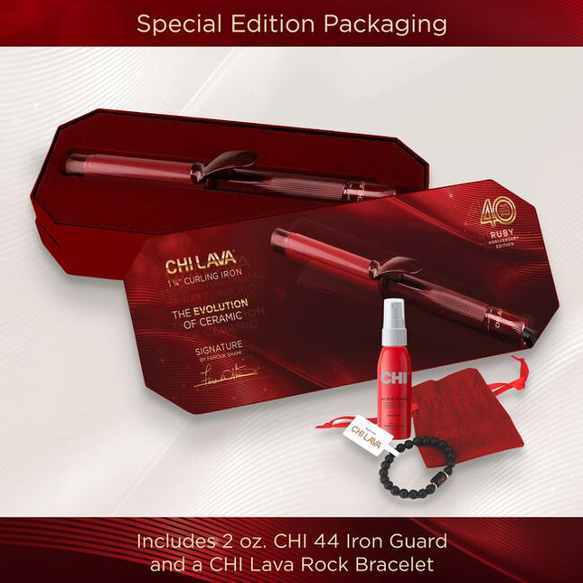 Celebrating 40 years of CHI innovation, this 1.25” Curling Iron is a tribute to CHI's Ruby Anniversary—a mile stone representing passion, strength, and lasting beauty. From CHI's ground breaking ceramic roots to the evolution of CHI LAVA Advanced Technology, this tool reflects four decades of progress. The fusion of CHI Ceramic and Volcanic Lava delivers consistent, even heat for smooth, voluminous curls with enhanced shine—honoring the past while styling the future.
