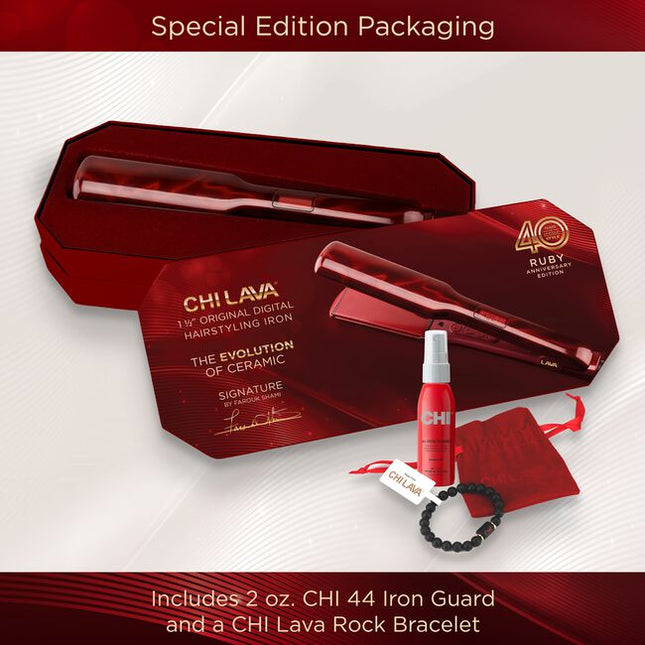 Forty years of innovation deserve a symbol as timeless as the ruby. This 1.5” Hairstyling Iron celebrates CHI’s Ruby Anniversary, honoring four decades of iconic, professional styling. Built on the foundation of CHI's original ceramic breakthrough and evolved with Volcanic Lava, the patented CHI LAVA Advanced Technology represents strength, consistency, and refinement. Designed for smooth, efficient styling at optimal temperatures, this evolution delivers sleek, salon-quality results.