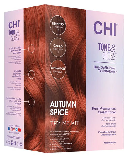 Tone & Gloss Autumn Spice Try Me Kit Includes:

(1) - Tone & Gloss Demi-Permanent Cream Toner Cinnamon, 3 fl. oz.
(1) - Tone & Gloss Demi-Permanent Cream Toner Cacao, 3 fl. oz.
(1) - Tone & Gloss Demi-Permanent Cream Toner Espresso, 3 fl. oz.