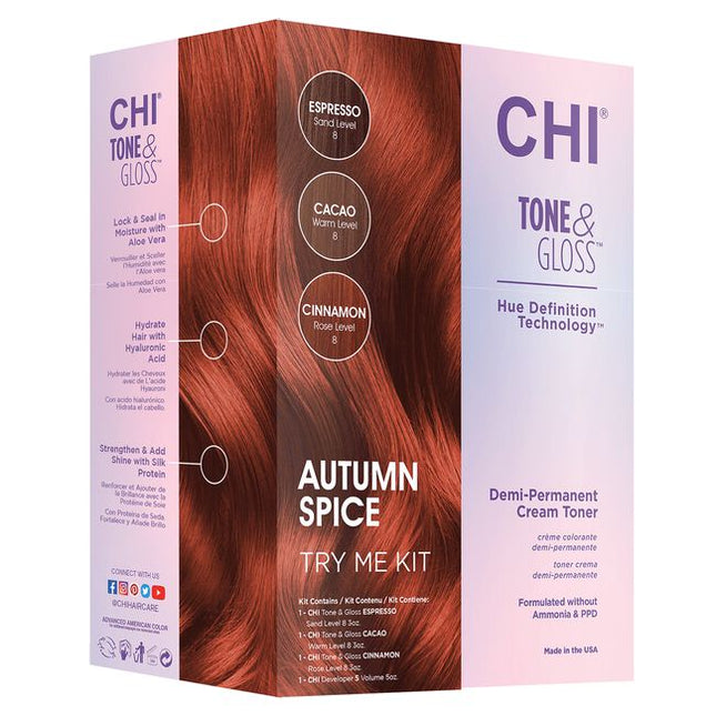 Tone & Gloss Autumn Spice Try Me Kit Includes:

(1) - Tone & Gloss Demi-Permanent Cream Toner Cinnamon, 3 fl. oz.
(1) - Tone & Gloss Demi-Permanent Cream Toner Cacao, 3 fl. oz.
(1) - Tone & Gloss Demi-Permanent Cream Toner Espresso, 3 fl. oz.