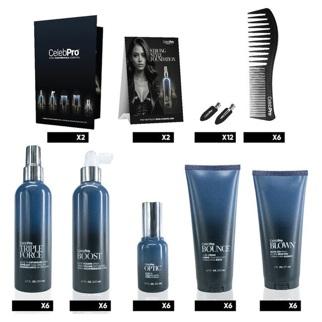 CelebPro Salon Intro Kit Includes:

(6) - CelebPro Blown Blowdry Balm, 6 fl. oz.
(6) - CelebPro Boost Volume Spray, 6.7 fl. oz.
(6) - CelebPro Bounce Curl Styling Cream, 6.7 fl. oz.
(6) - CelebPro Optic Shine Oil, 1.7 fl. oz.
(6) - CelebPro Triple Force Leave-In Detangling Spray, 6.7 fl. oz.