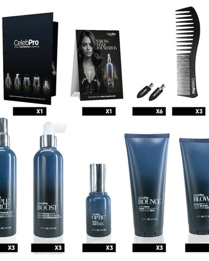 CelebPro Salon Intro Kit Includes:

(3) - CelebPro Blown Blowdry Balm - 6 fl. oz.
(3) - CelebPro Boost Volume Spray - 6.7 fl. oz.
(3) - CelebPro Bounce Curl Styling Cream - 6.7 fl. oz.
(3) - CelebPro Optic Shine Oil - 1.7 fl. oz.
(3) - CelebPro Triple Force Leave-In Detangling Spray - 6.7 fl. oz.