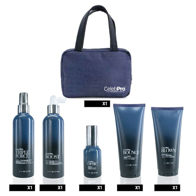 CelebPro Try Me Kit Includes:

(1) - CelebPro Blown Blowdry Balm, 6 fl. oz.
(1) - CelebPro Boost Volume Spray, 6.7 fl. oz.
(1) - CelebPro Bounce Curl Styling Cream, 6.7 fl. oz.
(1) - CelebPro Optic Shine Oil, 1.7 fl. oz.
(1) - CelebPro Triple Force Leave-In Detangling Spray, 6.7 fl. oz.