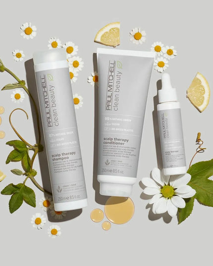 Expand your skin care routine with healthy scalp essentials from Paul Mitchell® Clean Beauty. Clean Beauty Scalp is infused with gentle botanicals that help rebalance sebum production (happy scalp!) while strengthening and nourishing strands (healthy hair!). Infused with nutrient-rich Italian grapevine sap and soothing chamomile extract, the 3-part system calms a dry, oily or sensitive scalp with instant, cooling relief you can feel (ahhh).