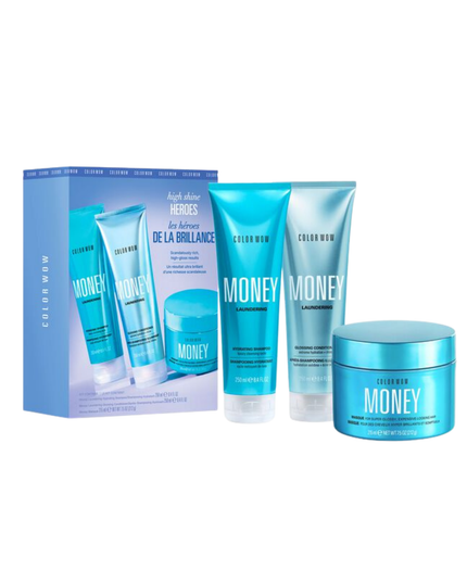High Shine Heros Trio Includes:

(1) - Money Masque 7.5 oz.
(1) - Money Laundering Hydrating Shampoo, 8.4 fl. oz.
(1) - Money Laundering Glossy Conditioner, 8.4 fl. oz.